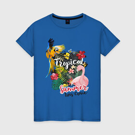 Женская футболка хлопок с принтом Тропики в Кировске, 100% хлопок | прямой крой, круглый вырез горловины, длина до линии бедер, слегка спущенное плечо | попугай | растения | тропики | фламинго