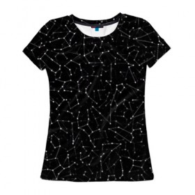 Женская футболка 3D с принтом Созвездия знаков зодиака в Кировске, 100% полиэфир ( синтетическое хлопкоподобное полотно) | прямой крой, круглый вырез горловины, длина до линии бедер | астролог | астрология | все | гороскоп | звезда | звезды | зодиак | космос | небо | паттерн | созвездие | черный
