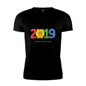 Мужская футболка премиум с принтом Happy New Year 2019 в Кировске, 92% хлопок, 8% лайкра | приталенный силуэт, круглый вырез ворота, длина до линии бедра, короткий рукав | Тематика изображения на принте: 