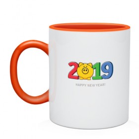 Кружка двухцветная с принтом Happy New Year 2019 в Кировске, керамика | объем — 330 мл, диаметр — 80 мм. Цветная ручка и кайма сверху, в некоторых цветах — вся внутренняя часть | 