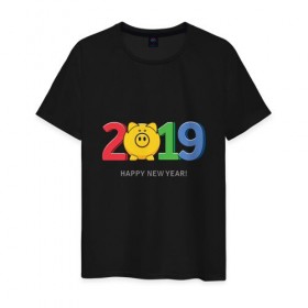 Мужская футболка хлопок с принтом Happy New Year 2019 в Кировске, 100% хлопок | прямой крой, круглый вырез горловины, длина до линии бедер, слегка спущенное плечо. | 
