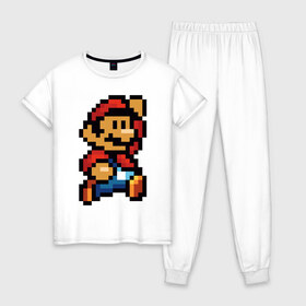 Женская пижама хлопок с принтом Супер Марио в Кировске, 100% хлопок | брюки и футболка прямого кроя, без карманов, на брюках мягкая резинка на поясе и по низу штанин | 8 бит | 8bit | 8бит | bit | dendy | game | mario | pixel | super mario | денди | марио | пиксель | супер марио