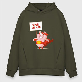 Мужское худи Oversize хлопок с принтом Super Pigman в Кировске, френч-терри — 70% хлопок, 30% полиэстер. Мягкий теплый начес внутри —100% хлопок | боковые карманы, эластичные манжеты и нижняя кромка, капюшон на магнитной кнопке | 2019 | дед мороз | дом | елка | желание | животные | зима | кабан | милый | мороз | настроение | новый год | пеппа | подарок | позитив | поросенок | праздник | радость | рождество | санта клаус | свинка