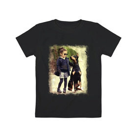 Детская футболка хлопок с принтом Девочка и доберман в Кировске, 100% хлопок | круглый вырез горловины, полуприлегающий силуэт, длина до линии бедер | девочка | доберман | дружба | животные | собака