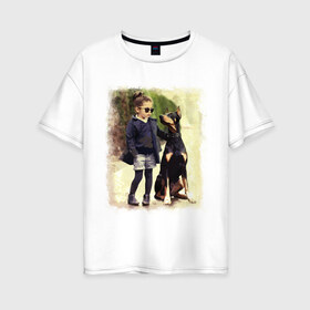 Женская футболка хлопок Oversize с принтом Девочка и доберман в Кировске, 100% хлопок | свободный крой, круглый ворот, спущенный рукав, длина до линии бедер
 | девочка | доберман | дружба | животные | собака