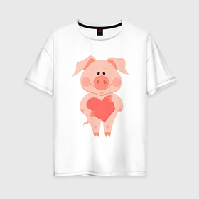 Женская футболка хлопок Oversize с принтом Love Pig в Кировске, 100% хлопок | свободный крой, круглый ворот, спущенный рукав, длина до линии бедер
 | 2019 | дед мороз | дом | елка | желание | животные | зима | кабан | милый | мороз | настроение | новый год | пеппа | подарок | позитив | поросенок | праздник | радость | рождество | санта клаус | свинка