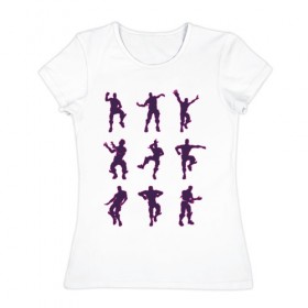 Женская футболка хлопок с принтом Fortnite dance в Кировске, 100% хлопок | прямой крой, круглый вырез горловины, длина до линии бедер, слегка спущенное плечо | battle | dancer | royale | игрок | контур | силуэты | танец | танцор