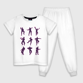 Детская пижама хлопок с принтом Fortnite dance в Кировске, 100% хлопок |  брюки и футболка прямого кроя, без карманов, на брюках мягкая резинка на поясе и по низу штанин
 | battle | dancer | royale | игрок | контур | силуэты | танец | танцор