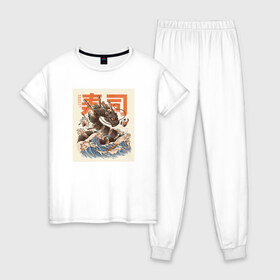 Женская пижама хлопок с принтом Суши дракон в Кировске, 100% хлопок | брюки и футболка прямого кроя, без карманов, на брюках мягкая резинка на поясе и по низу штанин | аниме | дракон | суши