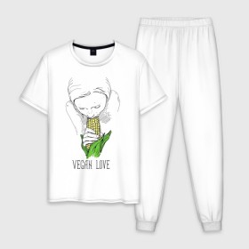 Мужская пижама хлопок с принтом Vegan Love в Кировске, 100% хлопок | брюки и футболка прямого кроя, без карманов, на брюках мягкая резинка на поясе и по низу штанин
 | веганство | вегетарианство | здоровье | зелень | кукуруза | любовь | овощ | овощи | растение