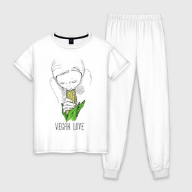 Женская пижама хлопок с принтом Vegan Love в Кировске, 100% хлопок | брюки и футболка прямого кроя, без карманов, на брюках мягкая резинка на поясе и по низу штанин | веганство | вегетарианство | здоровье | зелень | кукуруза | любовь | овощ | овощи | растение