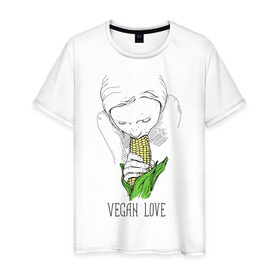 Мужская футболка хлопок с принтом Vegan Love в Кировске, 100% хлопок | прямой крой, круглый вырез горловины, длина до линии бедер, слегка спущенное плечо. | веганство | вегетарианство | здоровье | зелень | кукуруза | любовь | овощ | овощи | растение