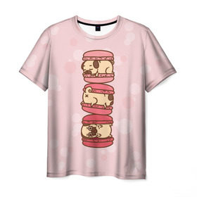 Мужская футболка 3D с принтом Мопс Макарун в Кировске, 100% полиэфир | прямой крой, круглый вырез горловины, длина до линии бедер | pug | десерт | мопс | пирожное | сладость