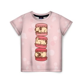Детская футболка 3D с принтом Мопс Макарун в Кировске, 100% гипоаллергенный полиэфир | прямой крой, круглый вырез горловины, длина до линии бедер, чуть спущенное плечо, ткань немного тянется | pug | десерт | мопс | пирожное | сладость
