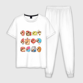 Мужская пижама хлопок с принтом Мопсы в Кировске, 100% хлопок | брюки и футболка прямого кроя, без карманов, на брюках мягкая резинка на поясе и по низу штанин
 | Тематика изображения на принте: cockie | fastfood | junkfood | pug | еда | мороженое | печенье | печеньки | пироженое | собака | фастфуд