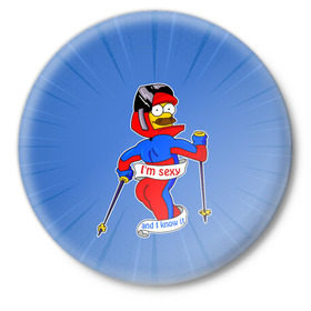 Значок с принтом Нед Фландерс Симпсоны в Кировске,  металл | круглая форма, металлическая застежка в виде булавки | simpsons | зима | лыжник | недфландерс | симпсоны | спорт | фландерс