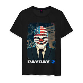 Мужская футболка хлопок с принтом Payday 2 в Кировске, 100% хлопок | прямой крой, круглый вырез горловины, длина до линии бедер, слегка спущенное плечо. | Тематика изображения на принте: chains day | game | gun | mask | payday | payday 2 | payday2 | грабители | зло | игра | клоун | маска | ограбление | оружие | пистолет