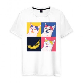 Мужская футболка хлопок с принтом BanaNO в Кировске, 100% хлопок | прямой крой, круглый вырез горловины, длина до линии бедер, слегка спущенное плечо. | Тематика изображения на принте: cat | абстракция | банан | бананы | кот | котики | прикол | прикольная | хлопок