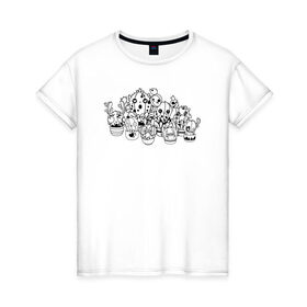 Женская футболка хлопок с принтом Белые кактусы в Кировске, 100% хлопок | прямой крой, круглый вырез горловины, длина до линии бедер, слегка спущенное плечо | 