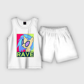 Детская пижама с шортами хлопок с принтом DJ Pon 3 RAVE в Кировске,  |  | Тематика изображения на принте: dj pon 3 | mlp | my little pony | pony | rave | vinyl scratch | винил скрэтч | млп | мой маленький пони | пони | рейв
