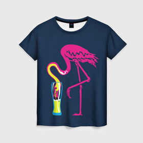 Женская футболка 3D с принтом Кислотный фламинго в Кировске, 100% полиэфир ( синтетическое хлопкоподобное полотно) | прямой крой, круглый вырез горловины, длина до линии бедер | кислотные костюмы | кислотные цвета | неон | флуоресцентные принты