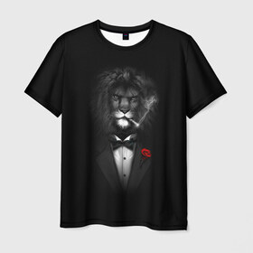 Мужская футболка 3D с принтом Лев в Кировске, 100% полиэфир | прямой крой, круглый вырез горловины, длина до линии бедер | арт | бабочка | грива | дым | животное | костюм | лев | минимализм | роза | смокинг | хищник | царь зверей