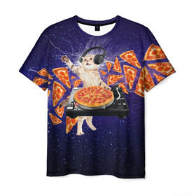 Мужская футболка 3D с принтом Пицца - Кот в Кировске, 100% полиэфир | прямой крой, круглый вырез горловины, длина до линии бедер | cat | galaxy | lightning | pizza | грозовой кошак | диджей | космос | кот | котики | котэ | кошак | метеориты | молния | пицца | прикол | приколы с котами | прикольная