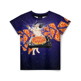 Детская футболка 3D с принтом Пицца - Кот в Кировске, 100% гипоаллергенный полиэфир | прямой крой, круглый вырез горловины, длина до линии бедер, чуть спущенное плечо, ткань немного тянется | Тематика изображения на принте: cat | galaxy | lightning | pizza | грозовой кошак | диджей | космос | кот | котики | котэ | кошак | метеориты | молния | пицца | прикол | приколы с котами | прикольная