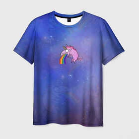 Мужская футболка 3D с принтом Единорог, блюющий радугой в Кировске, 100% полиэфир | прямой крой, круглый вырез горловины, длина до линии бедер | bird born | блевать | единорог | иллюстратор | кот степан | коты | милота | радуга | тошнит