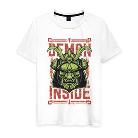Мужская футболка хлопок с принтом Demon inside в Кировске, 100% хлопок | прямой крой, круглый вырез горловины, длина до линии бедер, слегка спущенное плечо. | demon | green | inside | japan | ninja | samurai | внутри | демон | зеленый | ниндзя | самурай | япония