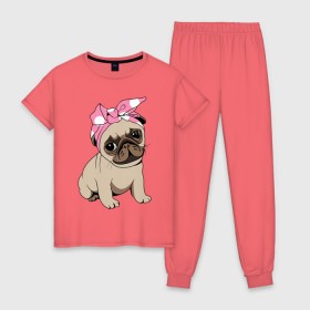 Женская пижама хлопок с принтом Собачка в Кировске, 100% хлопок | брюки и футболка прямого кроя, без карманов, на брюках мягкая резинка на поясе и по низу штанин | dog | pug | мопс | собака
