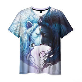 Мужская футболка 3D с принтом Lions love в Кировске, 100% полиэфир | прямой крой, круглый вырез горловины, длина до линии бедер | love | день | лев | львиное сердце | любовь | ночь | сердце