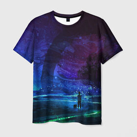 Мужская футболка 3D с принтом Парень и космос в Кировске, 100% полиэфир | прямой крой, круглый вырез горловины, длина до линии бедер | galaxy | nebula | neon | space | star | абстракция | вселенная | галактика | звезда | звезды | космический | неон | неоновый | неоновый космос | планеты