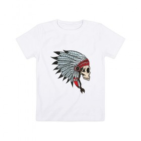 Детская футболка хлопок с принтом Череп индейца в Кировске, 100% хлопок | круглый вырез горловины, полуприлегающий силуэт, длина до линии бедер | голова | индеец | кость | скальп | скальпель | ужасы | хоррор | череп | черепок