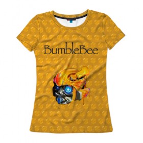 Женская футболка 3D с принтом BumbleBee в Кировске, 100% полиэфир ( синтетическое хлопкоподобное полотно) | прямой крой, круглый вырез горловины, длина до линии бедер | 2019 | bumble bee | transformers | арт | бамблби | желтая | киборг | классная | мёд | надпись | прикольная | пчела | робот | соты | трансформеры | улей | фильм