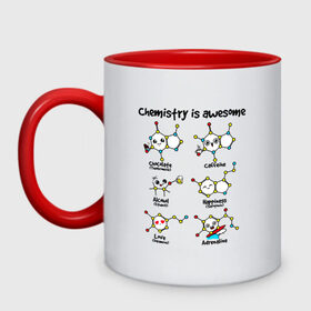 Кружка двухцветная с принтом Chemistry is awesome в Кировске, керамика | объем — 330 мл, диаметр — 80 мм. Цветная ручка и кайма сверху, в некоторых цветах — вся внутренняя часть | adrenaline | alcohol | caffeine | chocolate | happiness | love | адреналин | атомы | кофеин | любовь | молекулы | потрясающая. наука | связи | счастье | удивительная | химия | шоколад