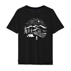Мужская футболка хлопок Oversize с принтом Поход в Кировске, 100% хлопок | свободный крой, круглый ворот, “спинка” длиннее передней части | горы | костёр | лес | озеро | палатка | приключения | природа | путешествие | речка | солнце | турист