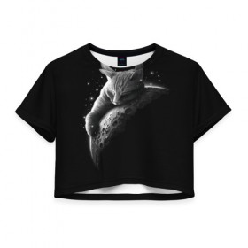 Женская футболка 3D укороченная с принтом Спящий Кот на Луне в Кировске, 100% полиэстер | круглая горловина, длина футболки до линии талии, рукава с отворотами | вселенная | звезды | космос | котейка | котенок | котэ | котя | лапочка | луна | милый | мимими | ночь | прелесть | сон | спутник