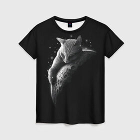Женская футболка 3D с принтом Спящий Кот на Луне в Кировске, 100% полиэфир ( синтетическое хлопкоподобное полотно) | прямой крой, круглый вырез горловины, длина до линии бедер | вселенная | звезды | космос | котейка | котенок | котэ | котя | лапочка | луна | милый | мимими | ночь | прелесть | сон | спутник