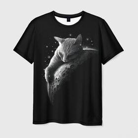 Мужская футболка 3D с принтом Спящий Кот на Луне в Кировске, 100% полиэфир | прямой крой, круглый вырез горловины, длина до линии бедер | Тематика изображения на принте: вселенная | звезды | космос | котейка | котенок | котэ | котя | лапочка | луна | милый | мимими | ночь | прелесть | сон | спутник