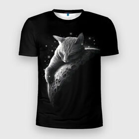Мужская футболка 3D спортивная с принтом Спящий Кот на Луне в Кировске, 100% полиэстер с улучшенными характеристиками | приталенный силуэт, круглая горловина, широкие плечи, сужается к линии бедра | вселенная | звезды | космос | котейка | котенок | котэ | котя | лапочка | луна | милый | мимими | ночь | прелесть | сон | спутник