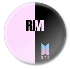 Значок с принтом BTS RM в Кировске,  металл | круглая форма, металлическая застежка в виде булавки | bts | rm | бтс | группа | корейская | музыка | розовый | цветы | черный