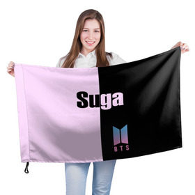 Флаг 3D с принтом BTS Suga в Кировске, 100% полиэстер | плотность ткани — 95 г/м2, размер — 67 х 109 см. Принт наносится с одной стороны | bts | suga | бтс | группа | корейская | музыка | розовый | цветы | черный