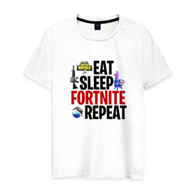 Мужская футболка хлопок с принтом Eat Sleep Fortnite Repeat в Кировске, 100% хлопок | прямой крой, круглый вырез горловины, длина до линии бедер, слегка спущенное плечо. | 