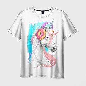 Мужская футболка 3D с принтом Music Unicorn Art в Кировске, 100% полиэфир | прямой крой, круглый вырез горловины, длина до линии бедер | волшебный | единорог | единорожик | единорожка | магия | музыка | пончик | пончики