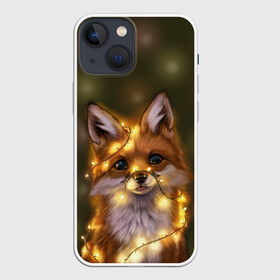 Чехол для iPhone 13 mini с принтом Лисёнок и гирлянда в Кировске,  |  | Тематика изображения на принте: лампочки | лис | лиса | лисица | огоньки | праздник | рыжая