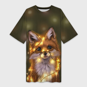 Платье-футболка 3D с принтом Лисёнок и гирлянда в Кировске,  |  | лампочки | лис | лиса | лисица | огоньки | праздник | рыжая