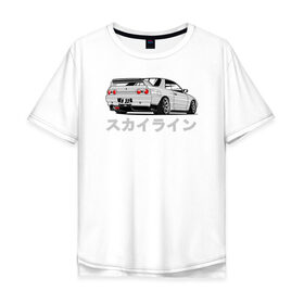 Мужская футболка хлопок Oversize с принтом R32 GODZILLA в Кировске, 100% хлопок | свободный крой, круглый ворот, “спинка” длиннее передней части | godzilla | nissan | r32 | r33 | r34 | skyline | годзила | ниссан | скайлайн