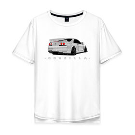 Мужская футболка хлопок Oversize с принтом R33 GODZILLA в Кировске, 100% хлопок | свободный крой, круглый ворот, “спинка” длиннее передней части | Тематика изображения на принте: godzilla | nissan | r32 | r33 | r34 | skyline | годзила | ниссан | скайлайн