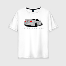 Женская футболка хлопок Oversize с принтом R33 GODZILLA в Кировске, 100% хлопок | свободный крой, круглый ворот, спущенный рукав, длина до линии бедер
 | godzilla | nissan | r32 | r33 | r34 | skyline | годзила | ниссан | скайлайн